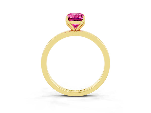 Yellow gold Emerald Cut Pink Sapphire Solitaire Ring with Thin Band and Prong Setting