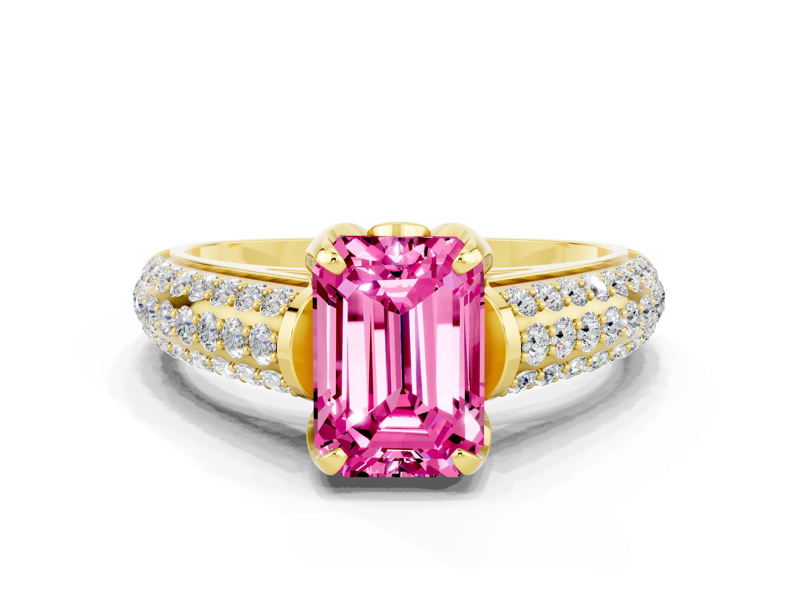Yellow gold Emerald Cut Pink Sapphire Solitaire Ring with Three-Row Pavé Band and Four-Prong Setting_12