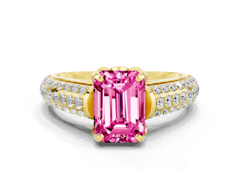 Yellow gold Emerald Cut Pink Sapphire Solitaire Ring with Three-Row Pavé Band and Four-Prong Setting_12