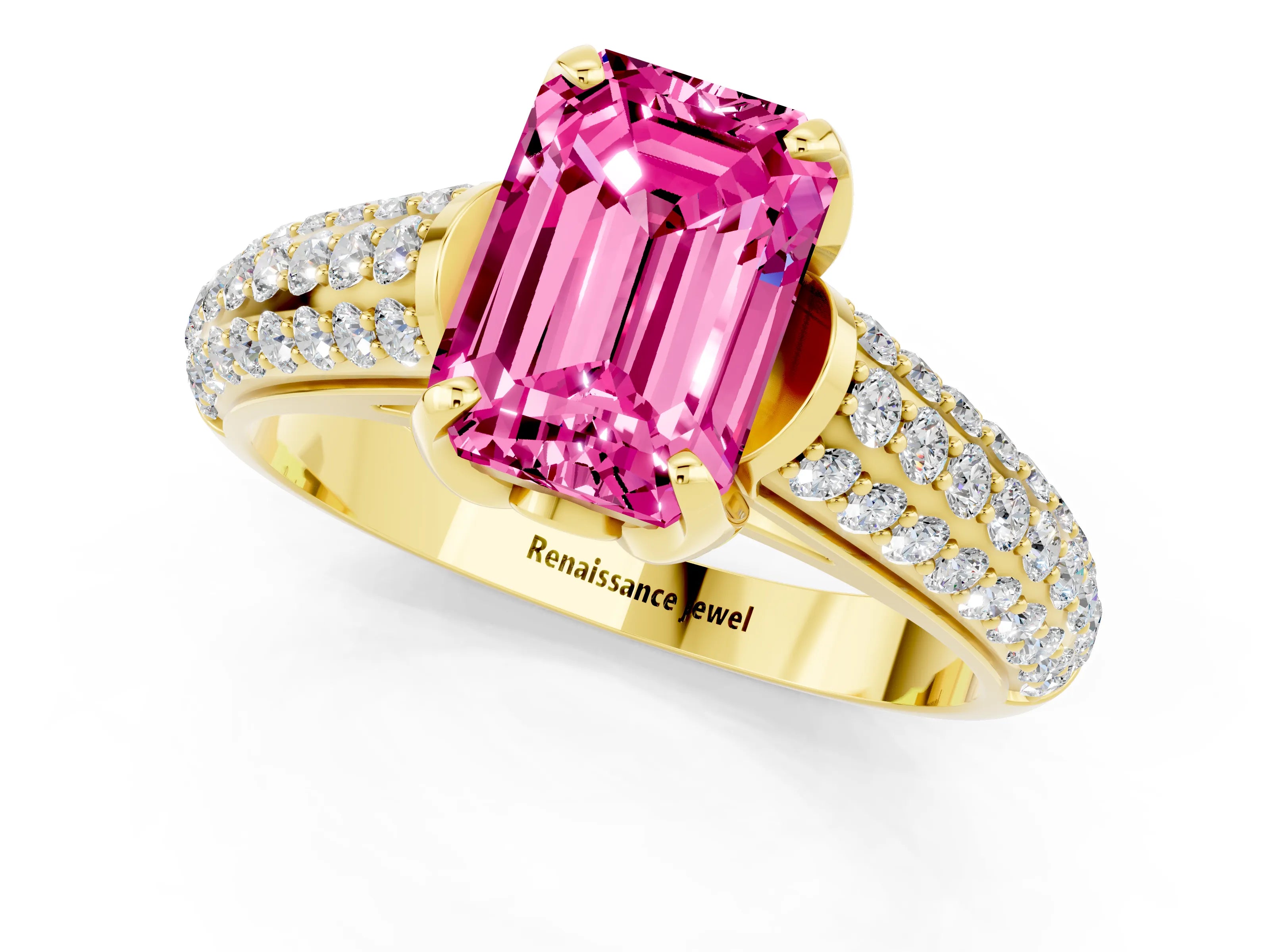 Yellow gold Emerald Cut Pink Sapphire Solitaire Ring with Three-Row Pavé Band and Four-Prong Setting_13