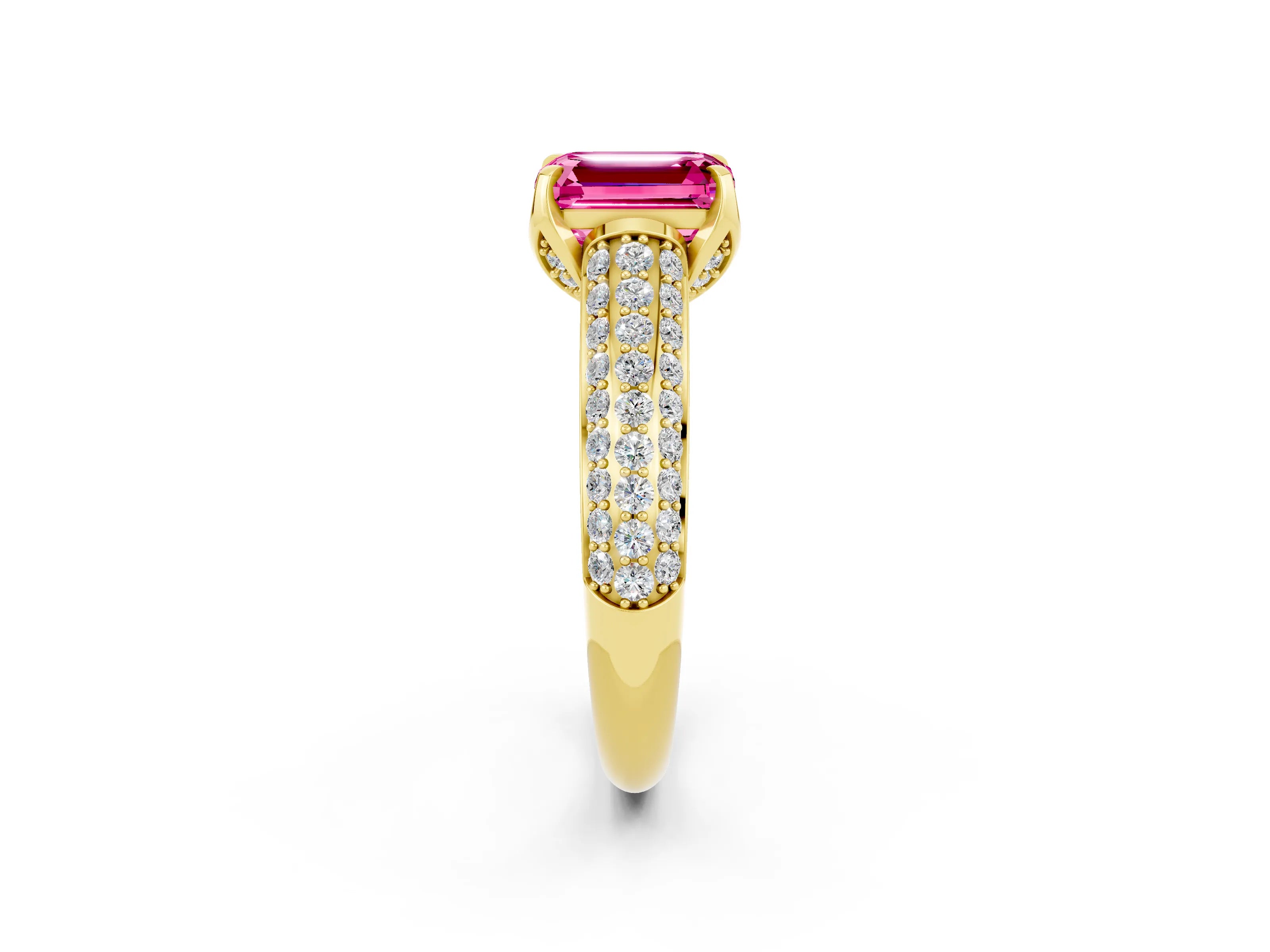 Yellow gold Emerald Cut Pink Sapphire Solitaire Ring with Three-Row Pavé Band and Four-Prong Setting_14