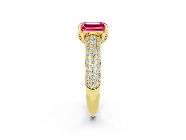 Yellow gold Emerald Cut Pink Sapphire Solitaire Ring with Three-Row Pavé Band and Four-Prong Setting