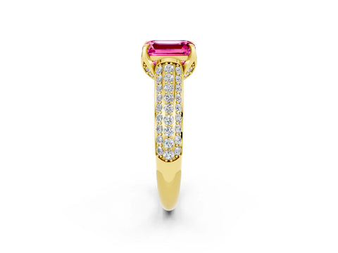 Yellow gold Emerald Cut Pink Sapphire Solitaire Ring with Three-Row Pavé Band and Four-Prong Setting_14