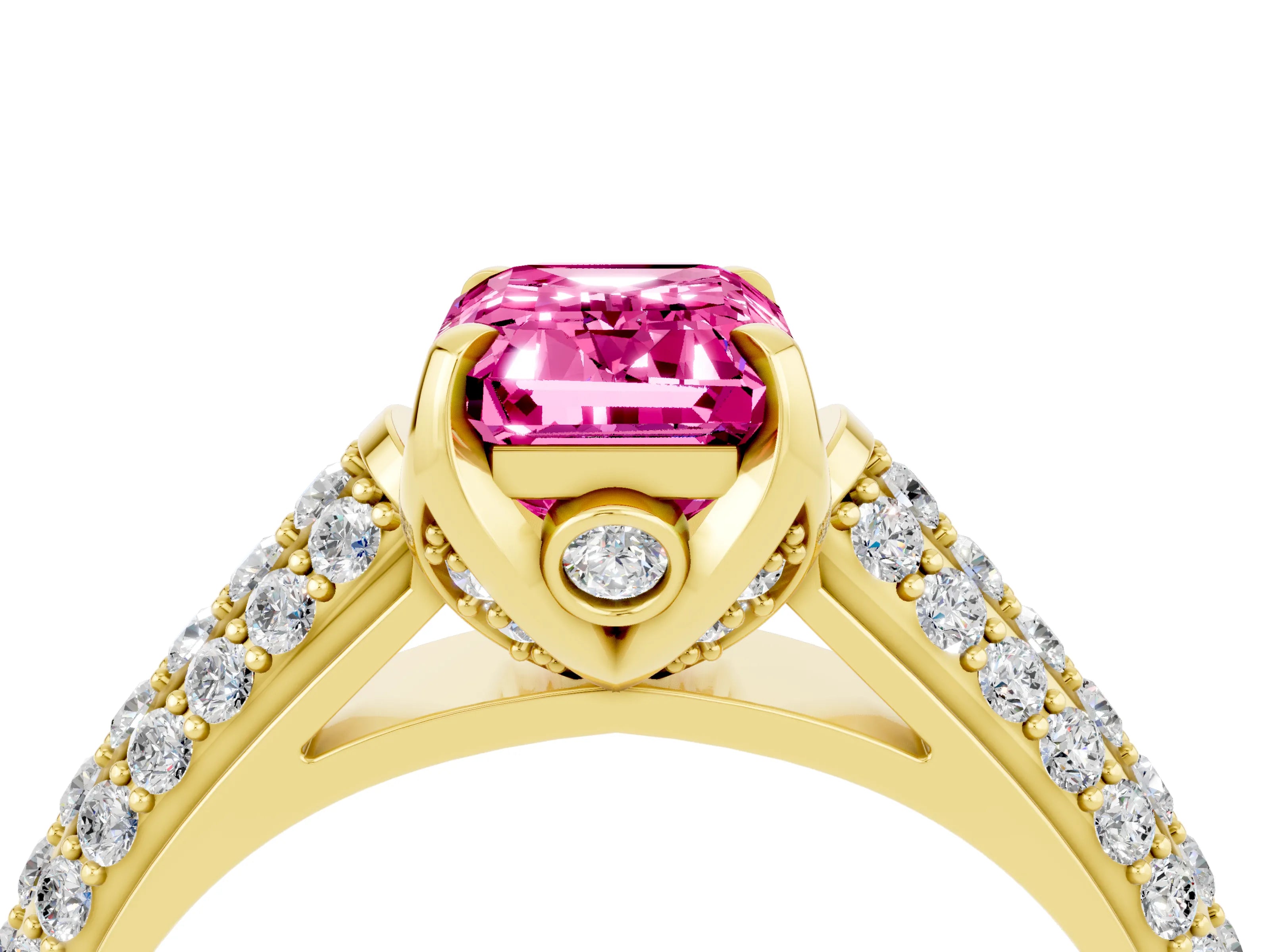 Yellow gold Emerald Cut Pink Sapphire Solitaire Ring with Three-Row Pavé Band and Four-Prong Setting_16