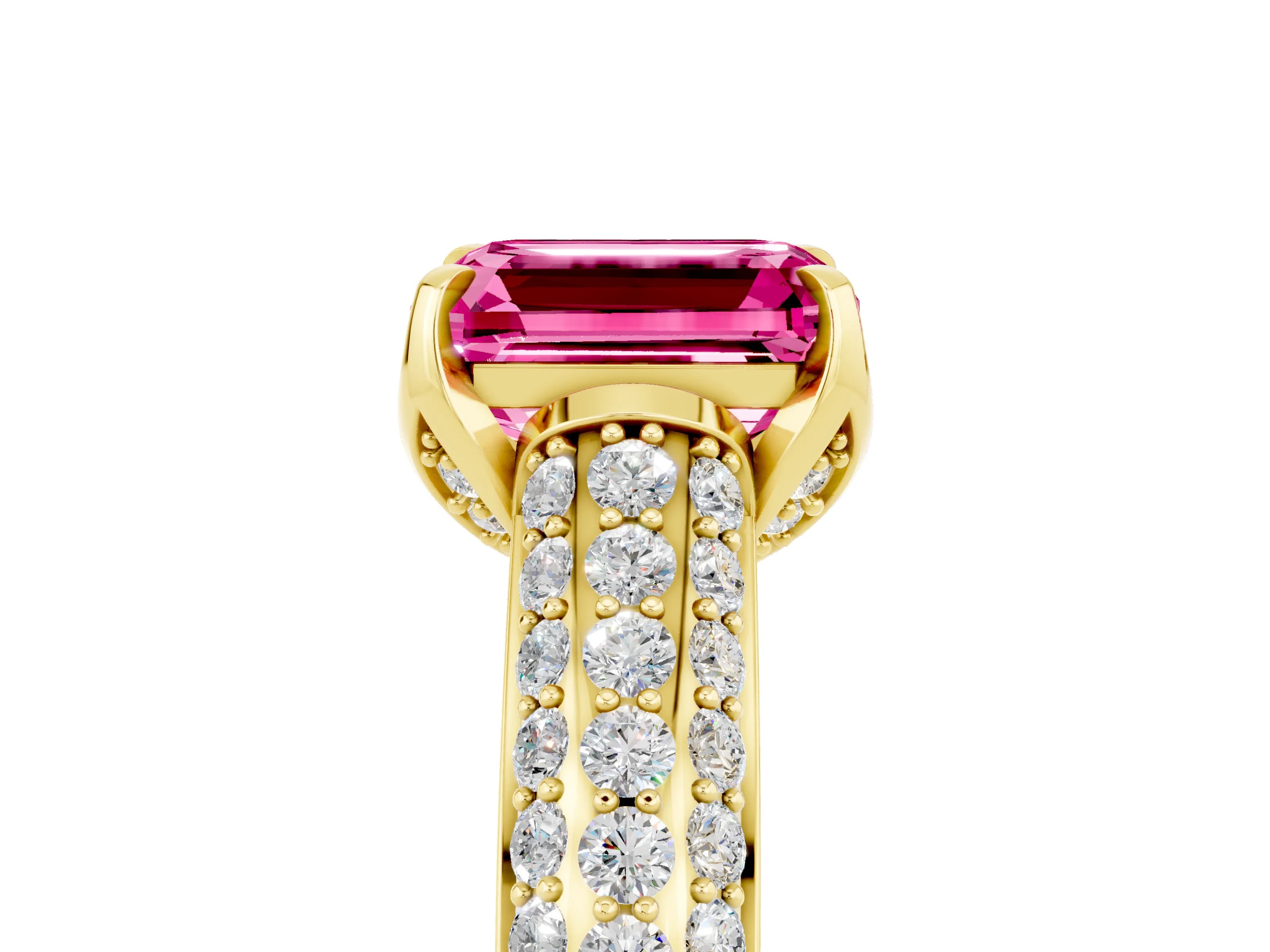 Yellow gold Emerald Cut Pink Sapphire Solitaire Ring with Three-Row Pavé Band and Four-Prong Setting_17