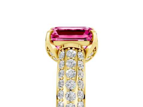 Yellow gold Emerald Cut Pink Sapphire Solitaire Ring with Three-Row Pavé Band and Four-Prong Setting_17
