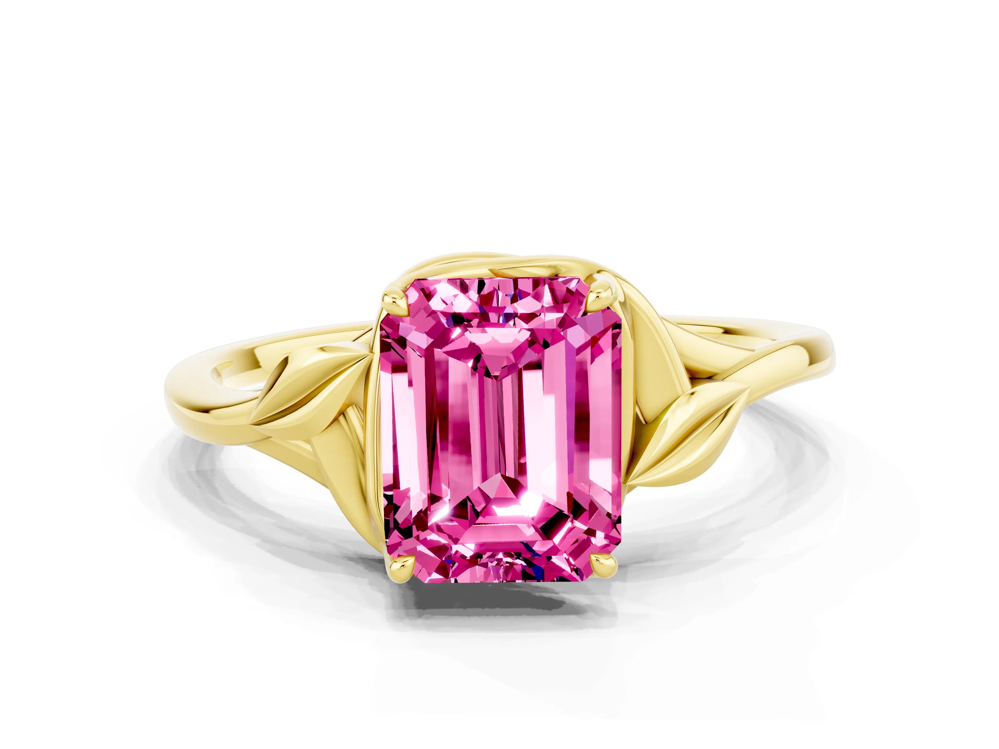 Yellow gold Emerald Cut Pink Sapphire Solitaire Ring with Twist Band and Four-Prong Setting_24