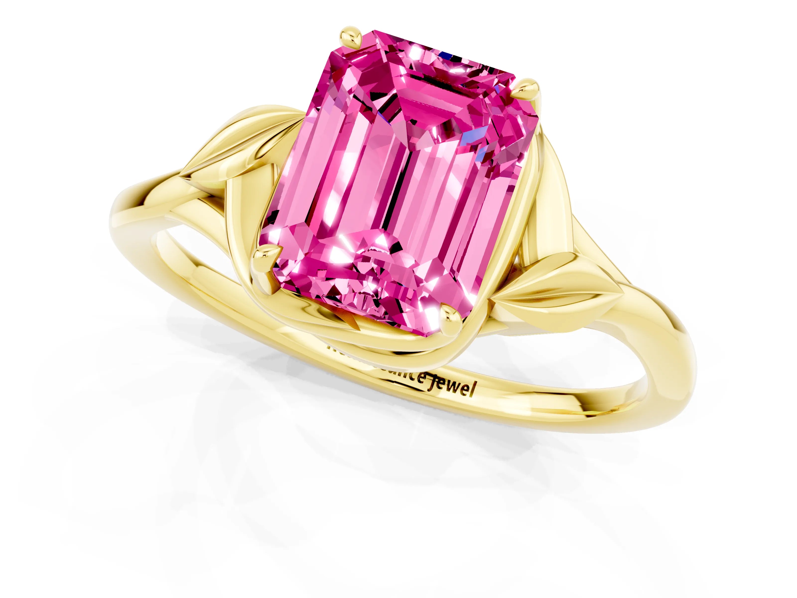 Yellow gold Emerald Cut Pink Sapphire Solitaire Ring with Twist Band and Four-Prong Setting_25