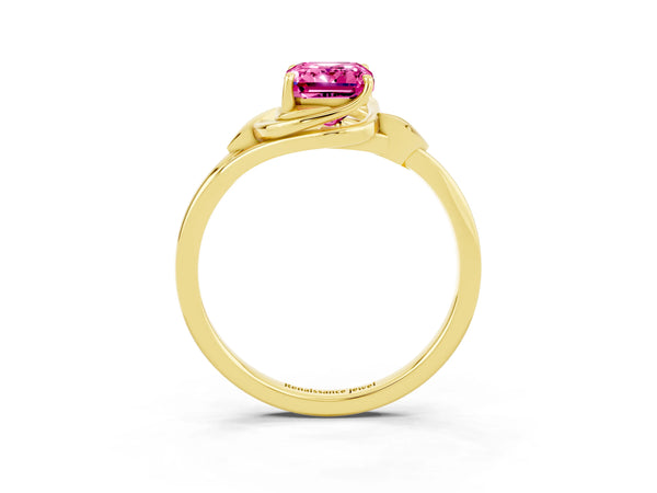 Yellow gold Emerald Cut Pink Sapphire Solitaire Ring with Twist Band and Four-Prong Setting