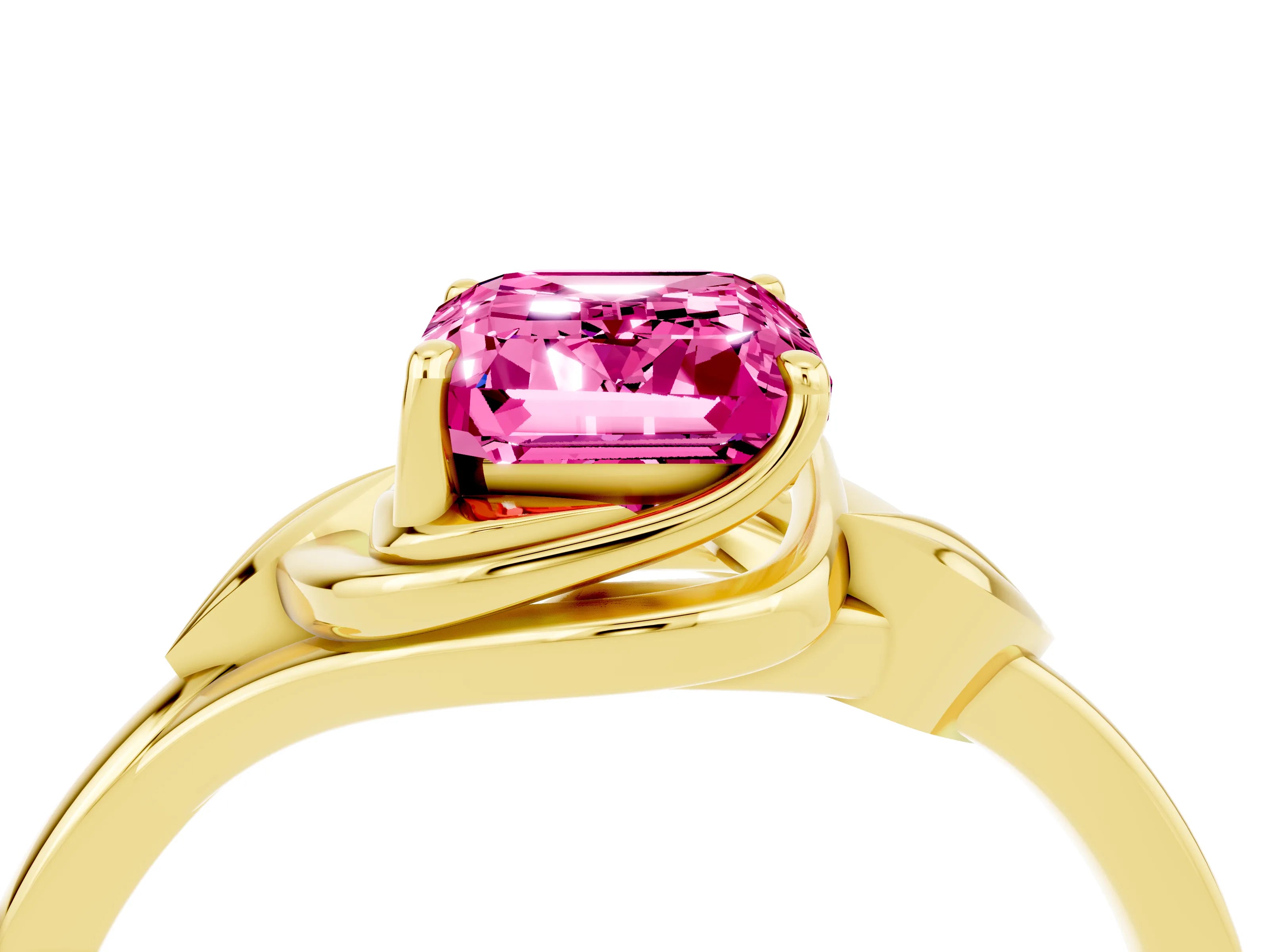 Yellow gold Emerald Cut Pink Sapphire Solitaire Ring with Twist Band and Four-Prong Setting_28