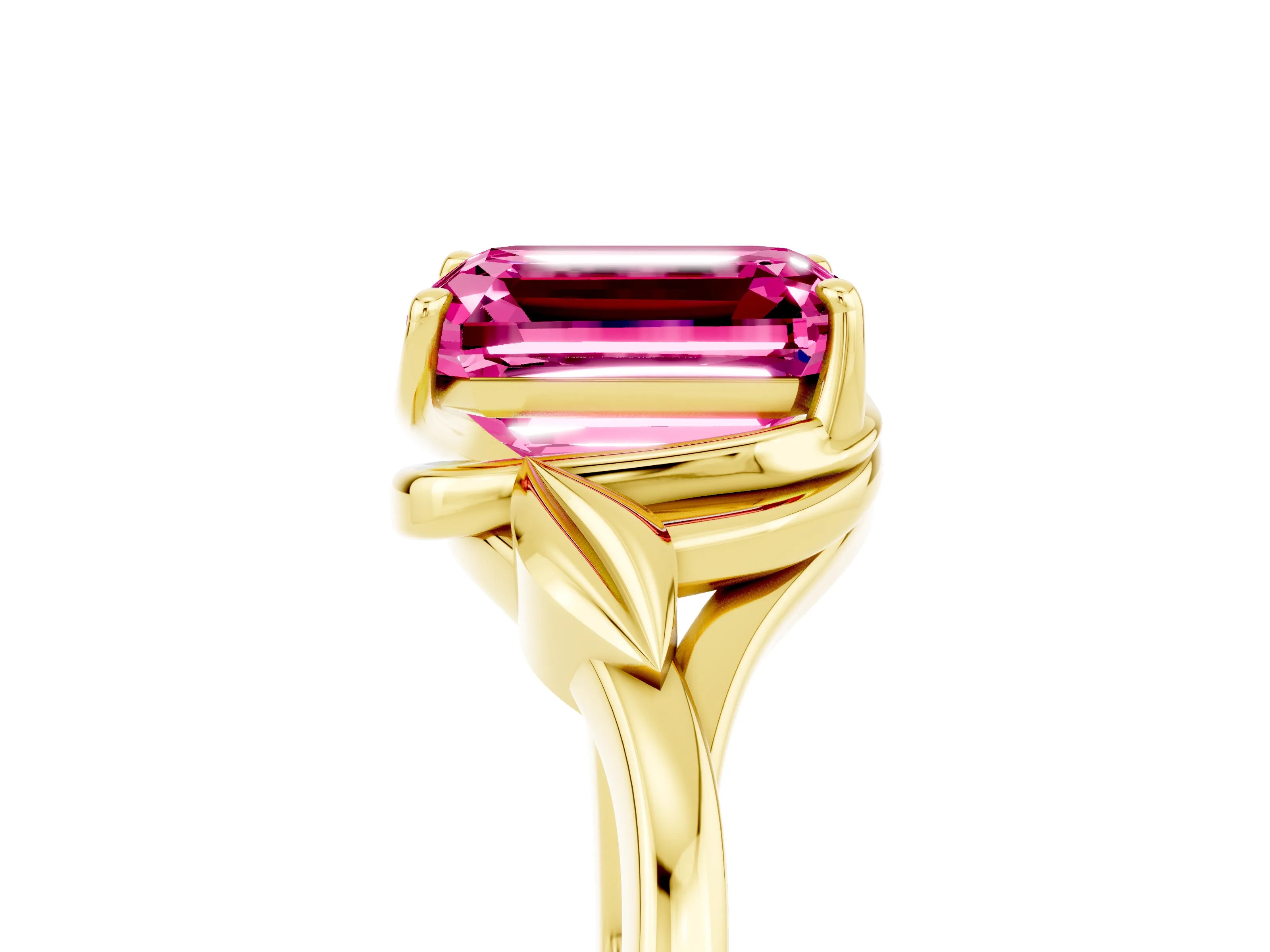 Yellow gold Emerald Cut Pink Sapphire Solitaire Ring with Twist Band and Four-Prong Setting_29