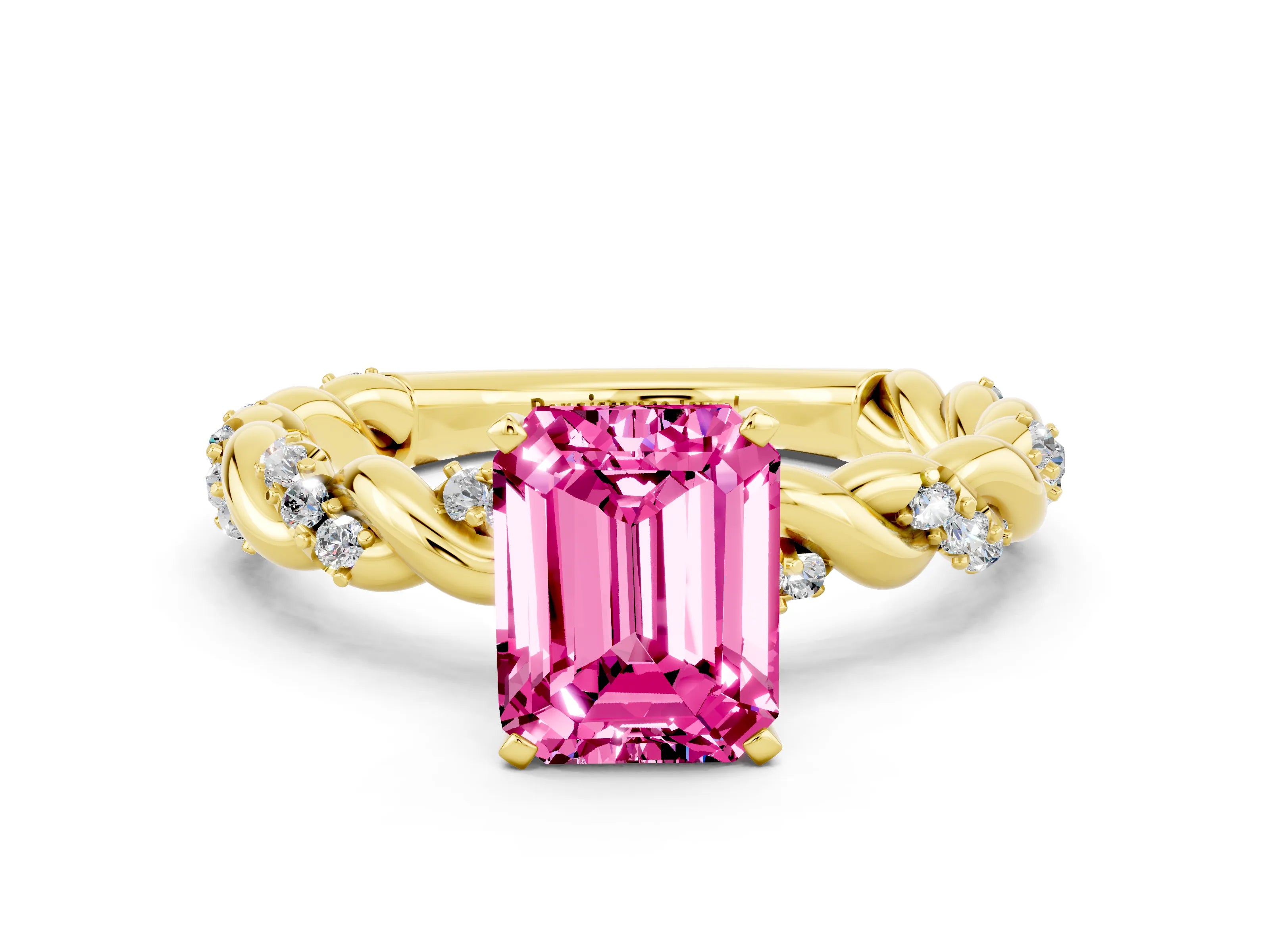 Yellow gold Emerald Cut Pink Sapphire Solitaire Ring with Twisted Band and Pavé Accents