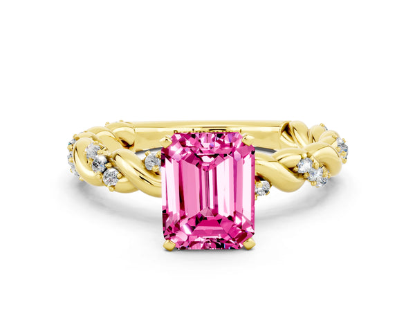 Yellow gold Emerald Cut Pink Sapphire Solitaire Ring with Twisted Band and Pavé Accents