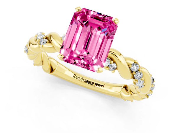 Yellow gold Emerald Cut Pink Sapphire Solitaire Ring with Twisted Band and Pavé Accents