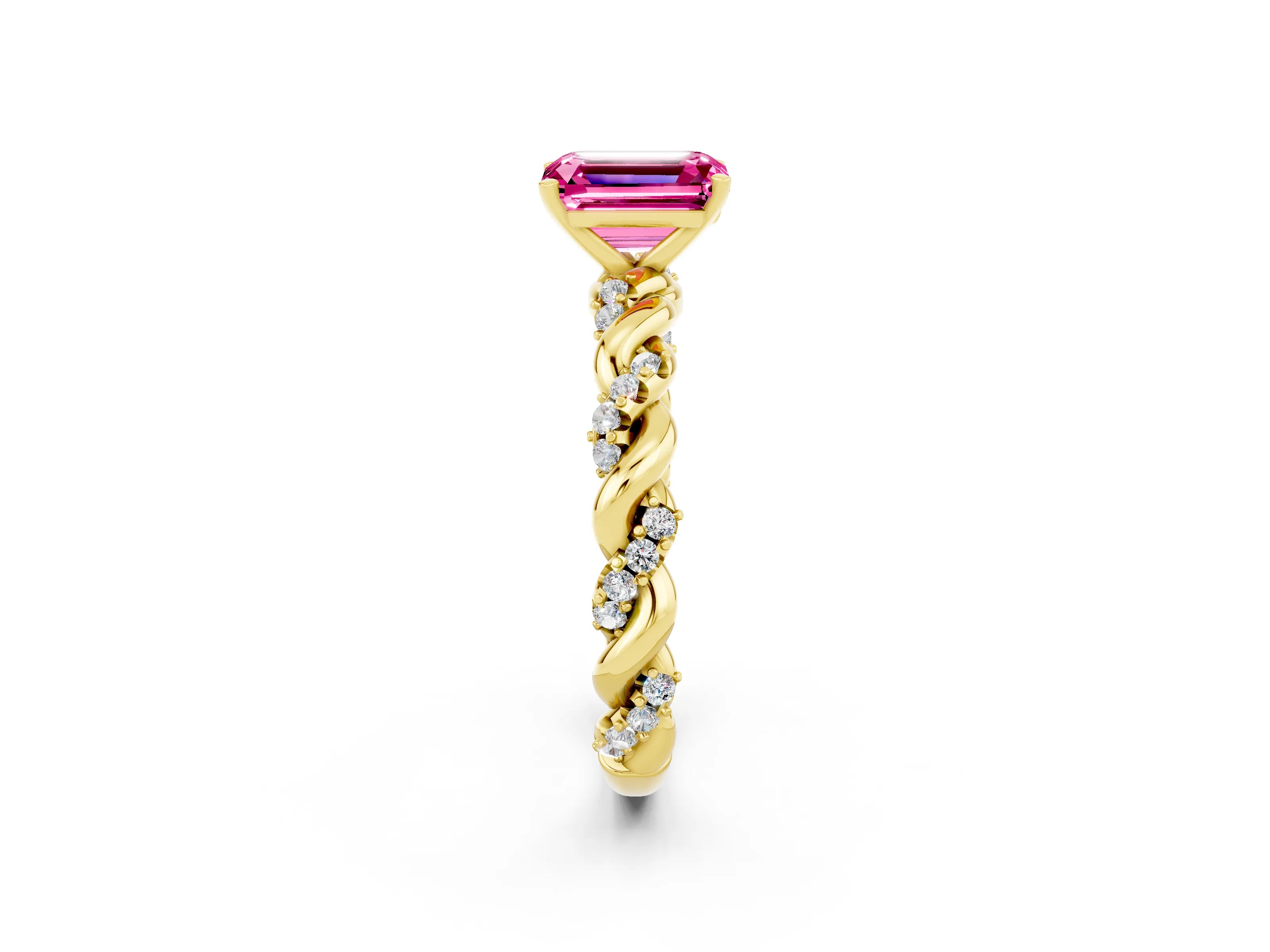 Yellow gold Emerald Cut Pink Sapphire Solitaire Ring with Twisted Band and Pavé Accents_2