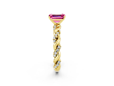 Yellow gold Emerald Cut Pink Sapphire Solitaire Ring with Twisted Band and Pavé Accents_2