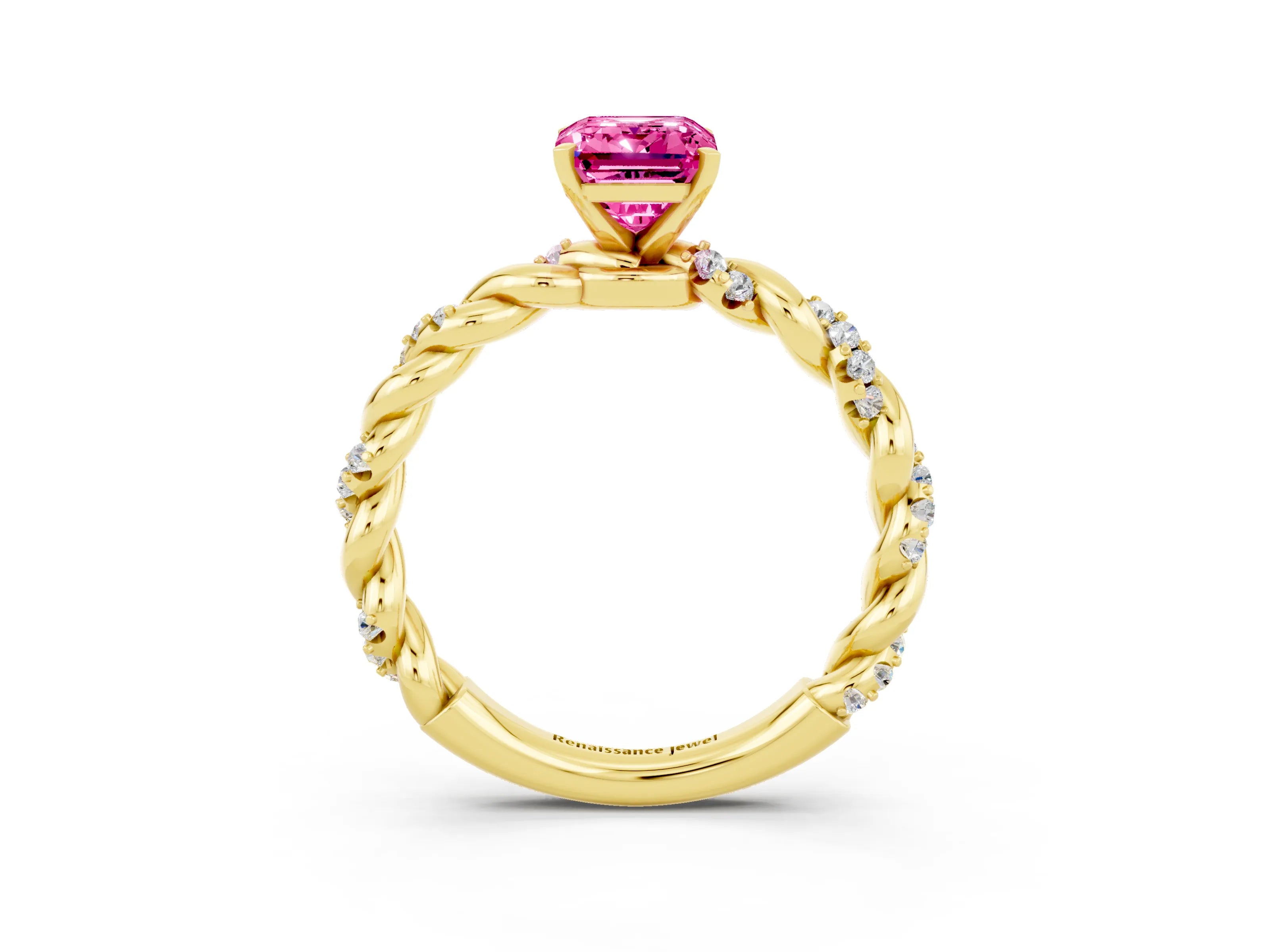 Yellow gold Emerald Cut Pink Sapphire Solitaire Ring with Twisted Band and Pavé Accents_3