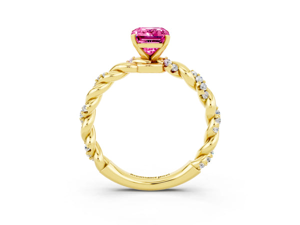 Yellow gold Emerald Cut Pink Sapphire Solitaire Ring with Twisted Band and Pavé Accents