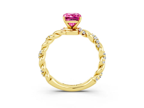 Yellow gold Emerald Cut Pink Sapphire Solitaire Ring with Twisted Band and Pavé Accents_3