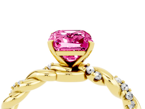 Yellow gold Emerald Cut Pink Sapphire Solitaire Ring with Twisted Band and Pavé Accents_4