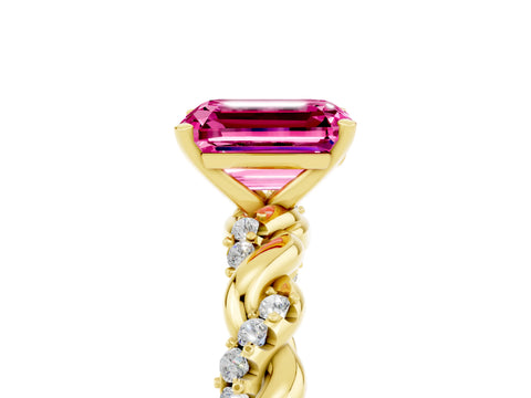 Yellow gold Emerald Cut Pink Sapphire Solitaire Ring with Twisted Band and Pavé Accents_5