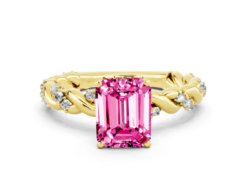 Yellow gold Emerald Cut Pink Sapphire Solitaire Ring with Twisted Band and Pavé Accents