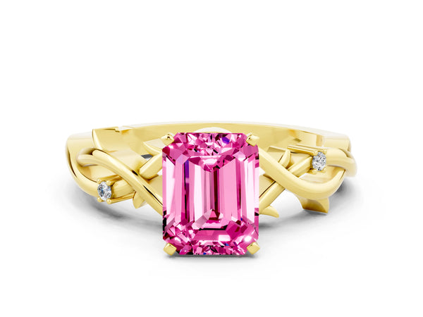 Yellow gold Emerald Cut Pink Sapphire Solitaire Ring with Twisted Band and Prong Setting
