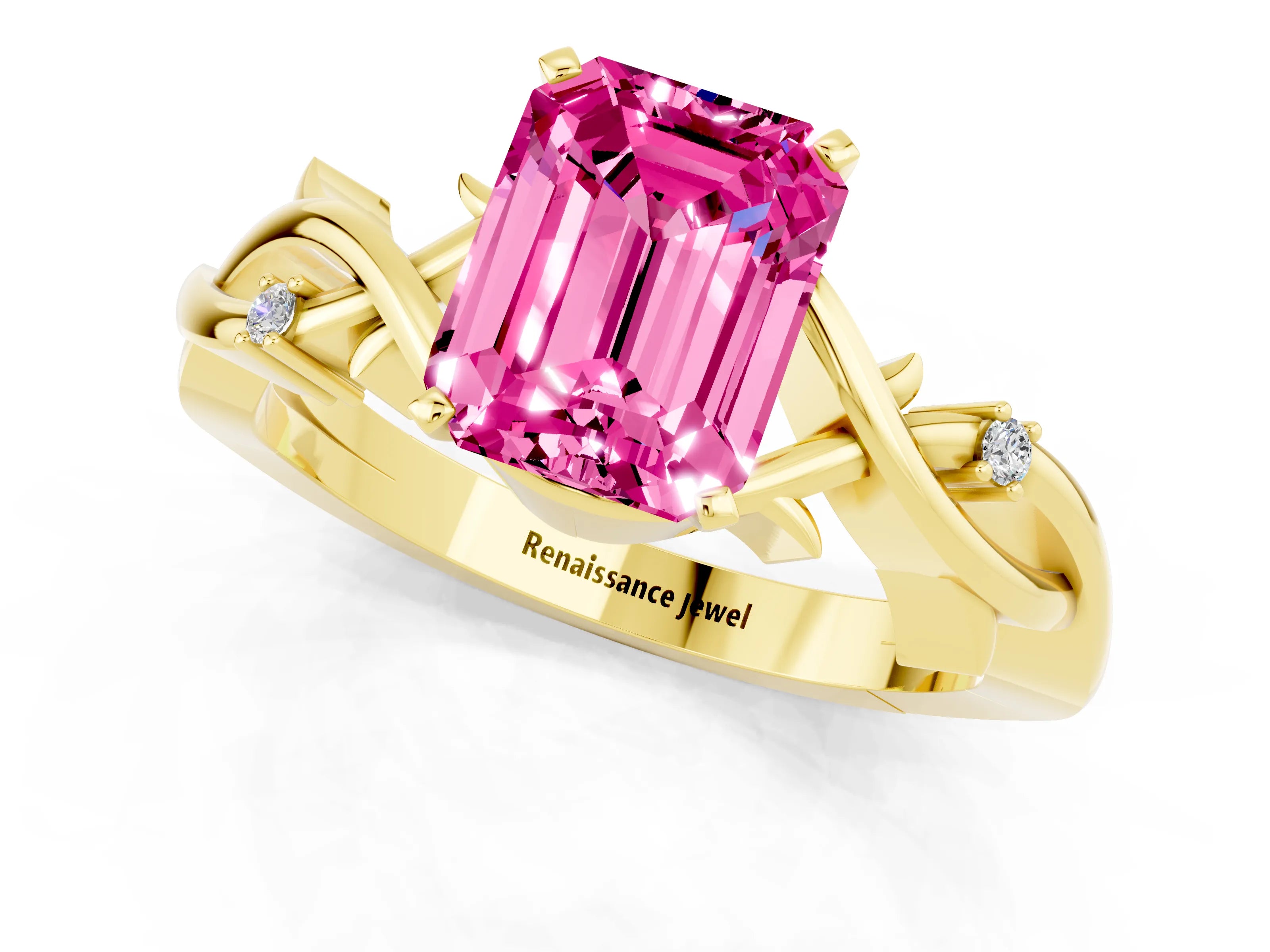Yellow gold Emerald Cut Pink Sapphire Solitaire Ring with Twisted Band and Prong Setting_1