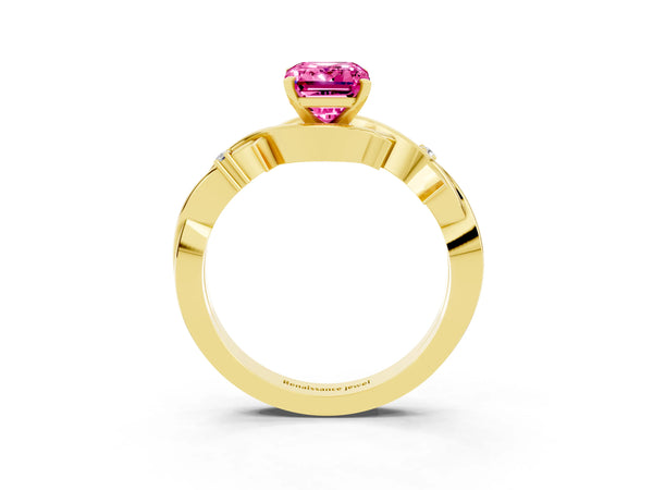 Yellow gold Emerald Cut Pink Sapphire Solitaire Ring with Twisted Band and Prong Setting