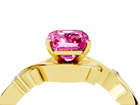 Yellow gold Emerald Cut Pink Sapphire Solitaire Ring with Twisted Band and Prong Setting_4