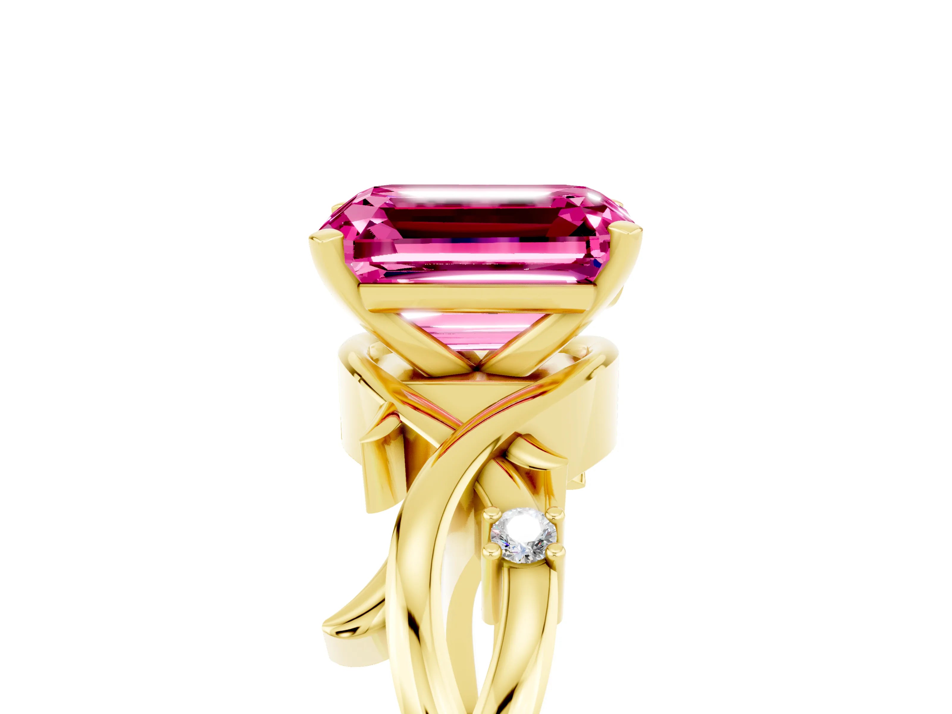 Yellow gold Emerald Cut Pink Sapphire Solitaire Ring with Twisted Band and Prong Setting_5