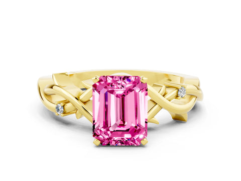 Yellow gold Emerald Cut Pink Sapphire Solitaire Ring with Twisted Band and Prong Setting