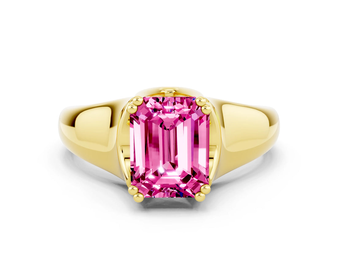 Yellow gold Emerald Cut Pink Sapphire Solitaire Ring with Wide Band and Prong Setting_24