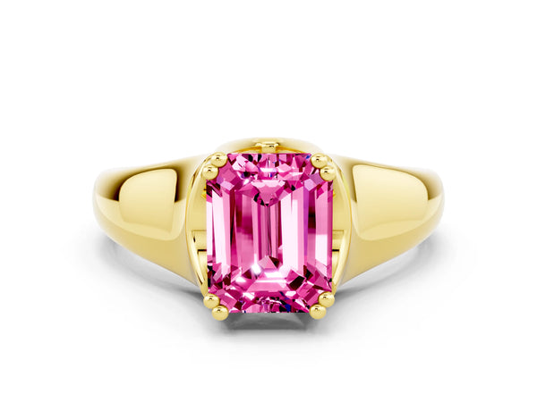 Yellow gold Emerald Cut Pink Sapphire Solitaire Ring with Wide Band and Prong Setting