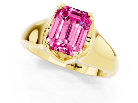 Yellow gold Emerald Cut Pink Sapphire Solitaire Ring with Wide Band and Prong Setting_25