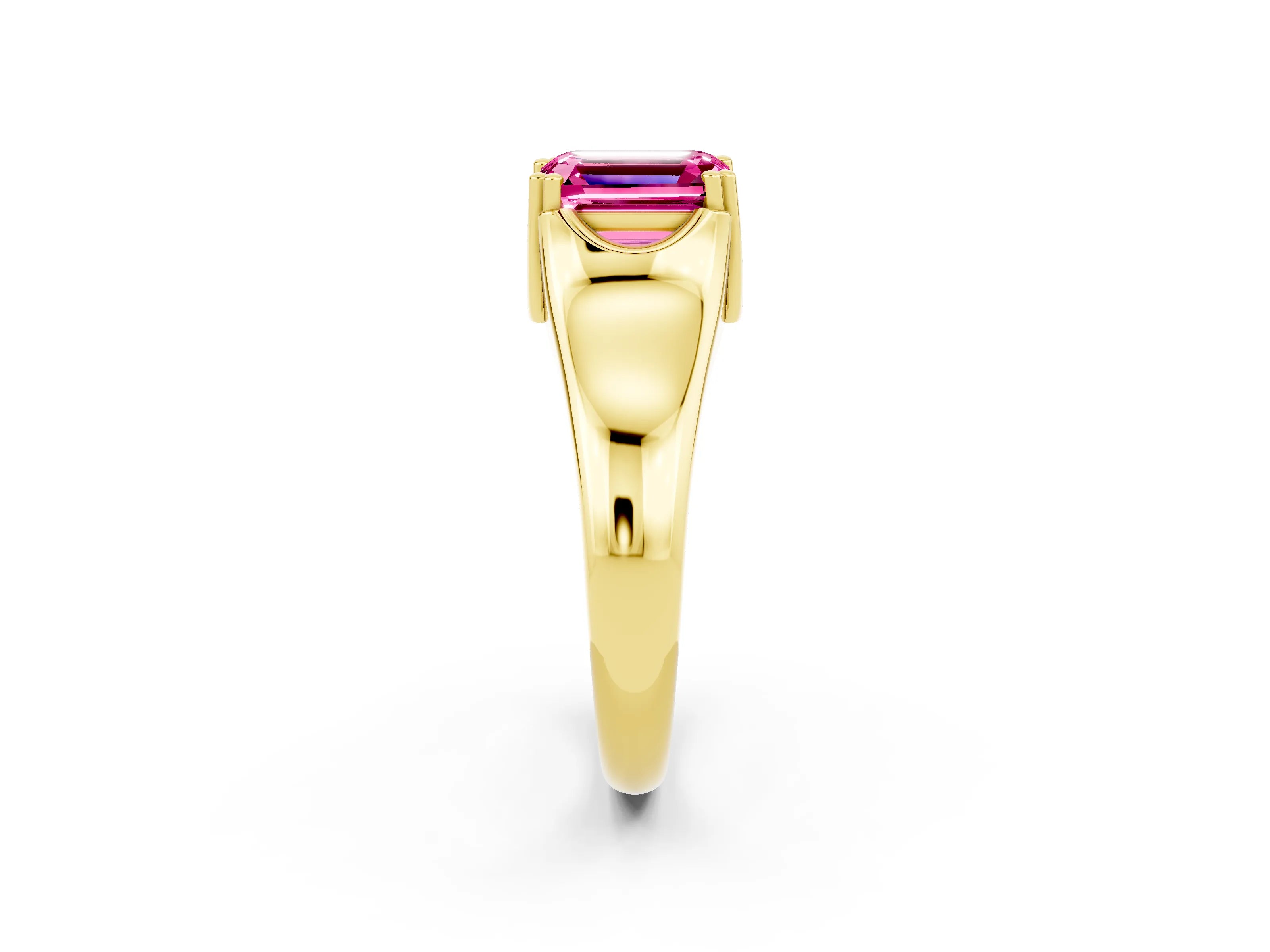 Yellow gold Emerald Cut Pink Sapphire Solitaire Ring with Wide Band and Prong Setting_26