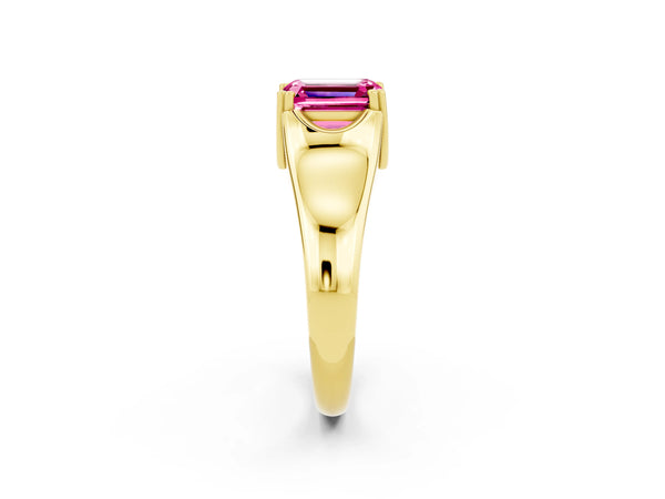 Yellow gold Emerald Cut Pink Sapphire Solitaire Ring with Wide Band and Prong Setting