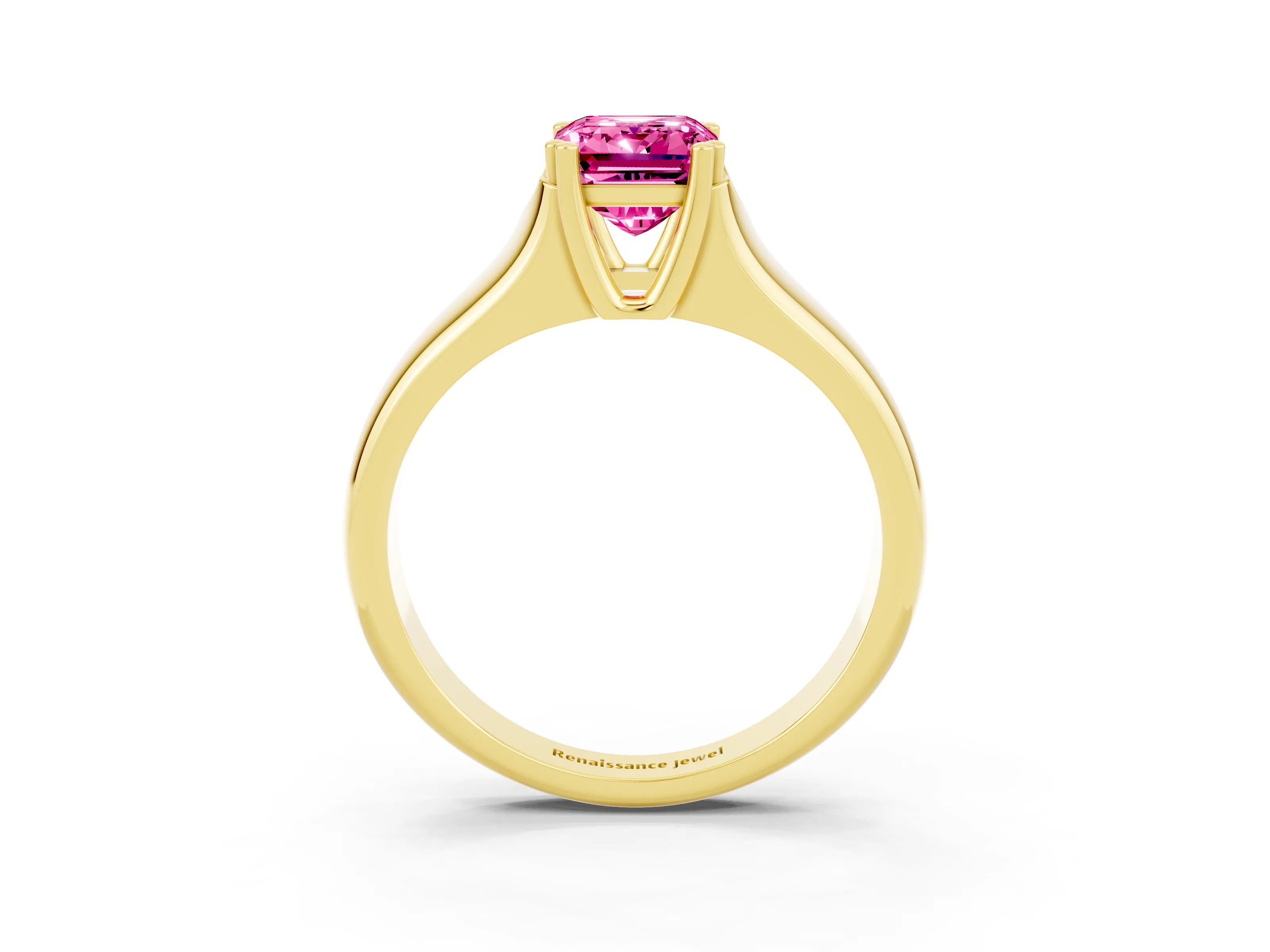 Yellow gold Emerald Cut Pink Sapphire Solitaire Ring with Wide Band and Prong Setting_27