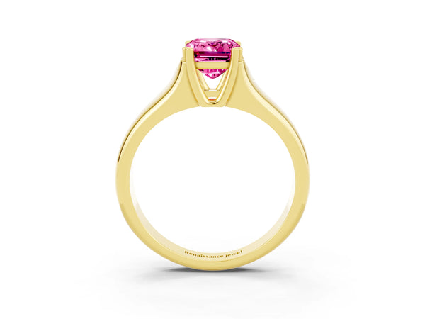 Yellow gold Emerald Cut Pink Sapphire Solitaire Ring with Wide Band and Prong Setting