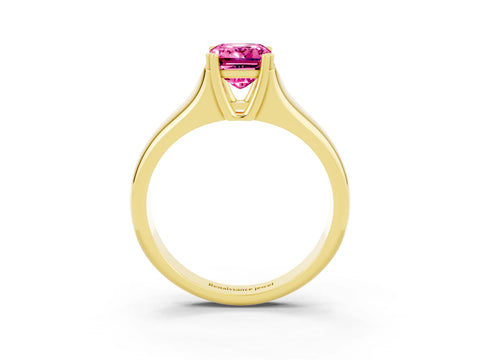 Yellow gold Emerald Cut Pink Sapphire Solitaire Ring with Wide Band and Prong Setting_27