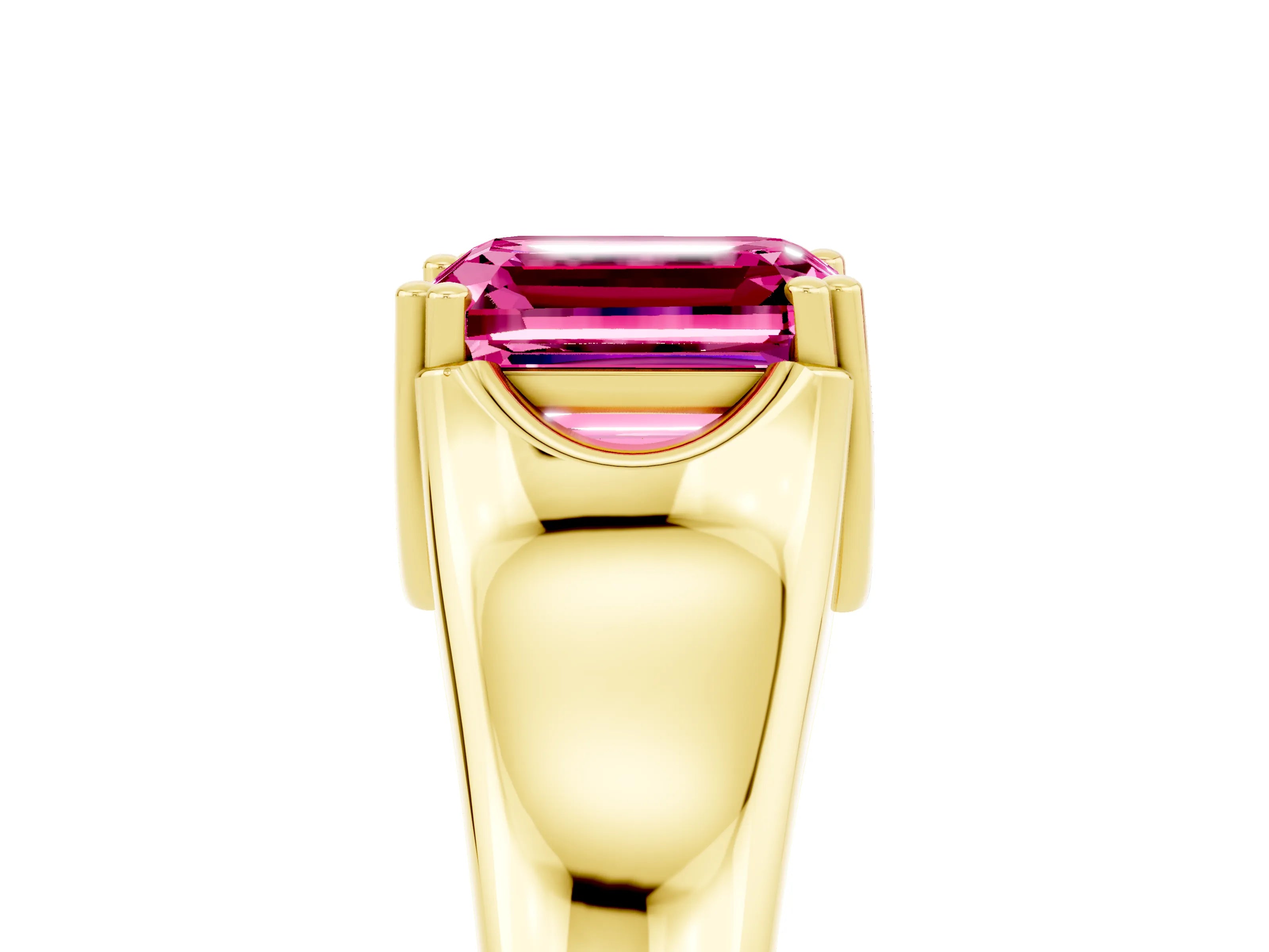 Yellow gold Emerald Cut Pink Sapphire Solitaire Ring with Wide Band and Prong Setting_29