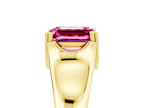 Yellow gold Emerald Cut Pink Sapphire Solitaire Ring with Wide Band and Prong Setting_29