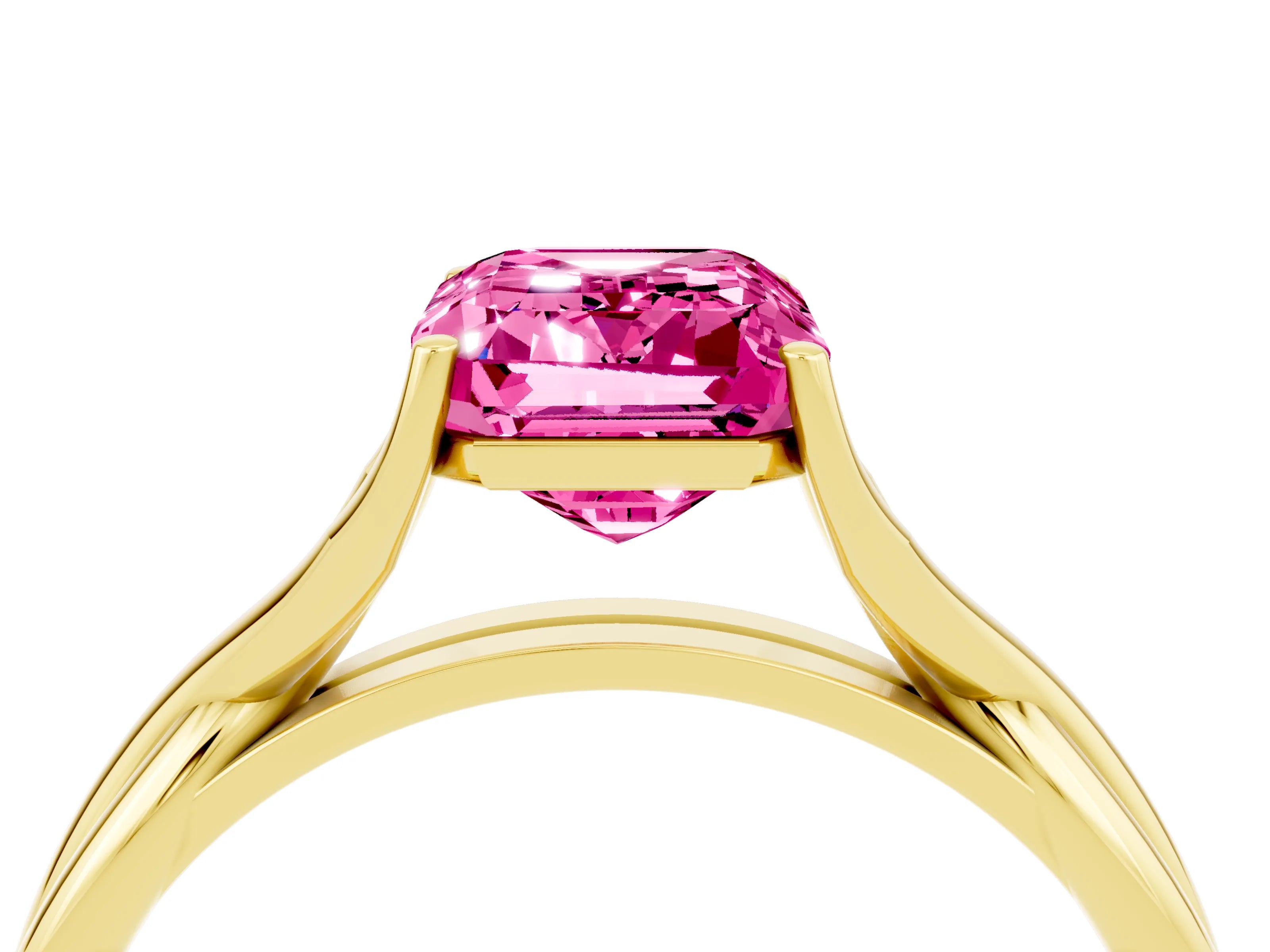 Yellow gold Emerald Cut Pink Sapphire Solitaire Twist Band Prong Setting Ring_100