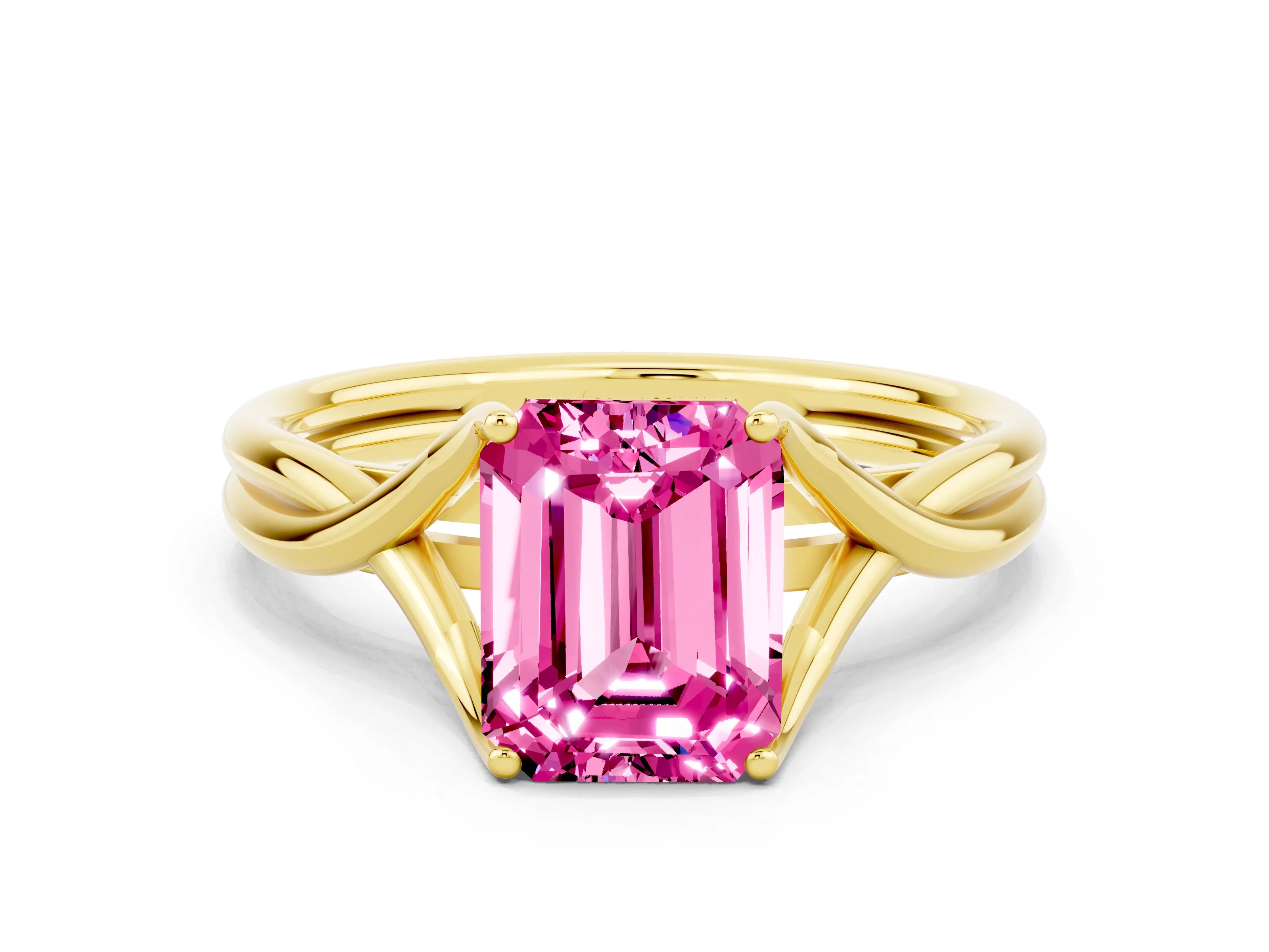 Yellow gold Emerald Cut Pink Sapphire Solitaire Twist Band Prong Setting Ring_96