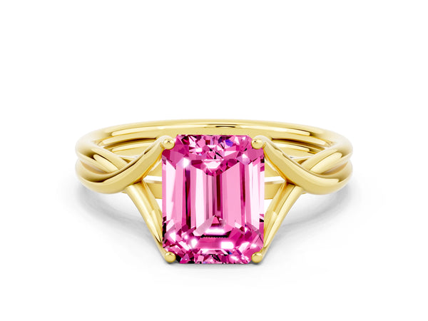 Yellow gold Emerald Cut Pink Sapphire Solitaire Twist Band Prong Setting Ring