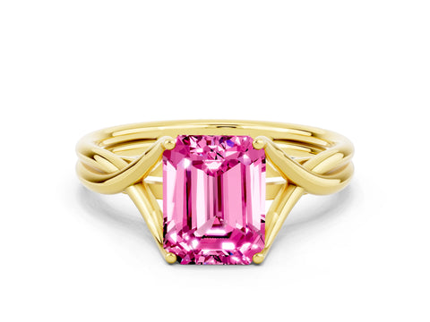 Yellow gold Emerald Cut Pink Sapphire Solitaire Twist Band Prong Setting Ring_96