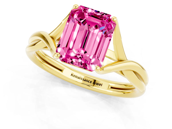 Yellow gold Emerald Cut Pink Sapphire Solitaire Twist Band Prong Setting Ring