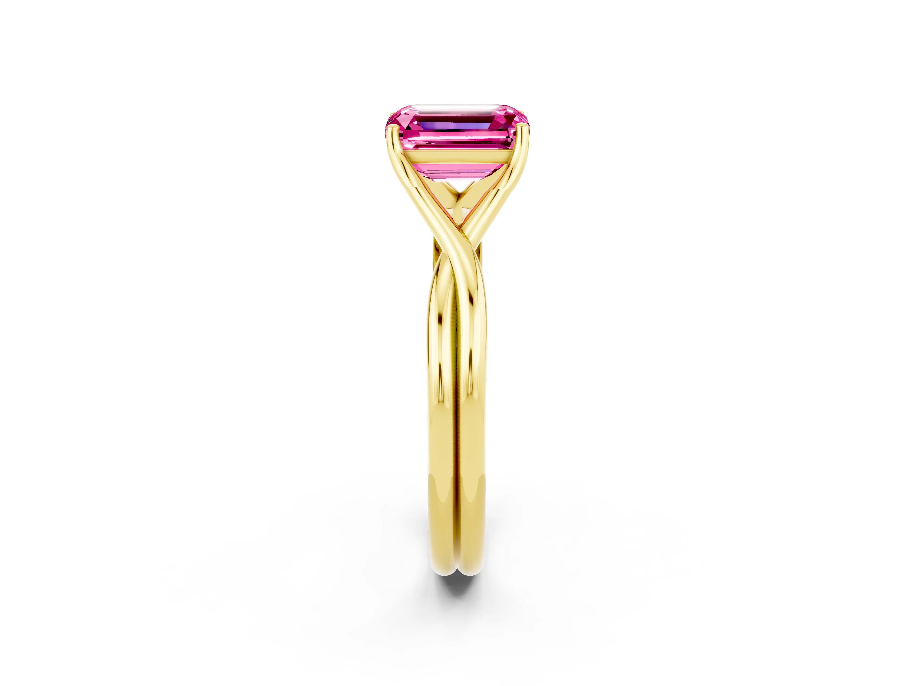 Yellow gold Emerald Cut Pink Sapphire Solitaire Twist Band Prong Setting Ring_98