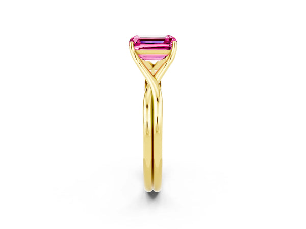 Yellow gold Emerald Cut Pink Sapphire Solitaire Twist Band Prong Setting Ring