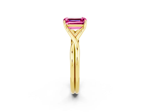 Yellow gold Emerald Cut Pink Sapphire Solitaire Twist Band Prong Setting Ring_98
